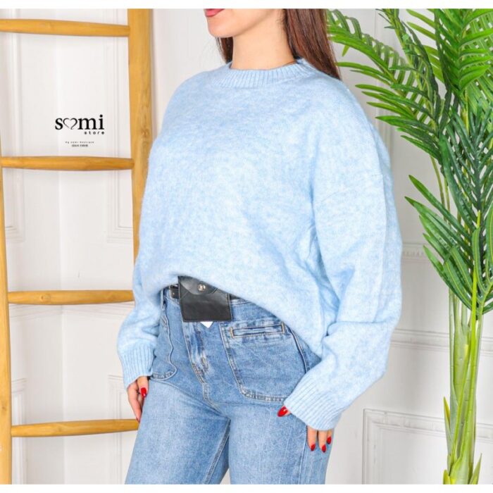 ⁦بلوزة صوف بأكمام طويلة وقبة دائرية One Size للنساء لون أزرق⁩ - الصورة ⁦4⁩