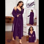 طقم لانجري مخمل ملوكي ثلاث قطع للنساء لون بنفسجي