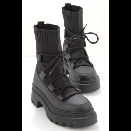 جزمة بتصميم رباط مع جوار ساق متوسط الطول للنساء لون أسود