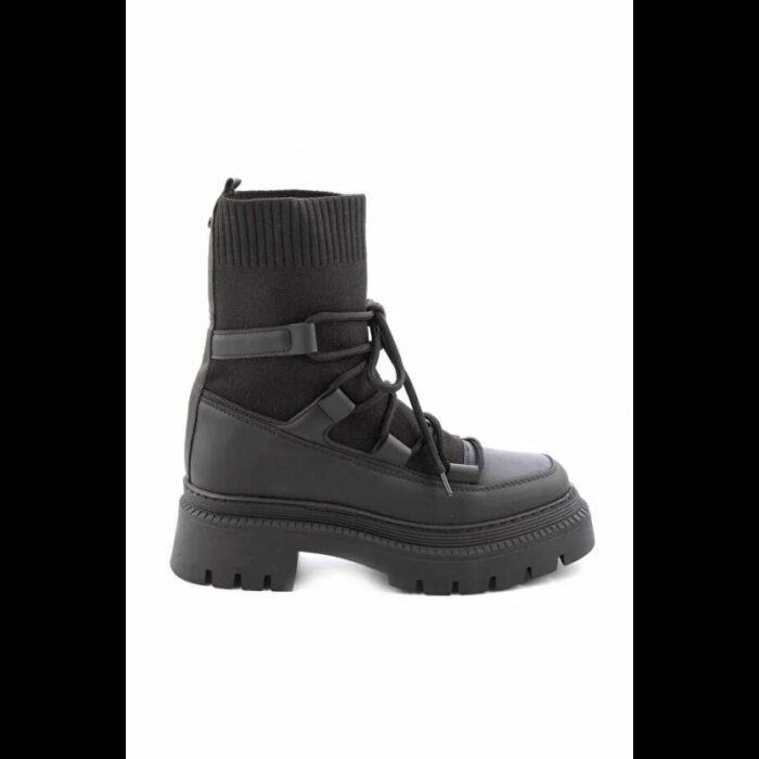 ⁦جزمة بتصميم رباط مع جوار ساق متوسط الطول للنساء لون أسود⁩ - الصورة ⁦4⁩