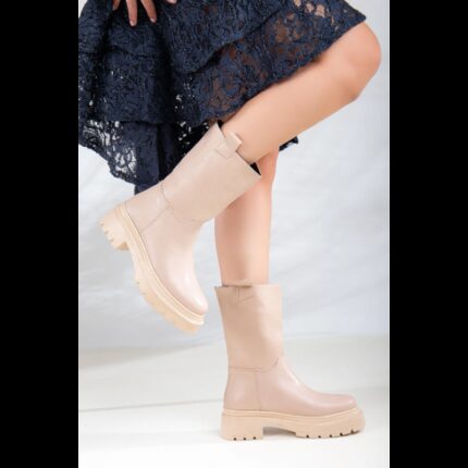 جزمة Daxtors جلد ساق متوسط الطول للنساء لون زهري