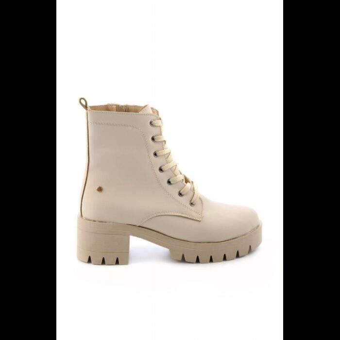 ⁦جزمة بتصميم رباط ساق متوسط الطول للنساء لون رمادي ونعل بيج⁩ - الصورة ⁦3⁩