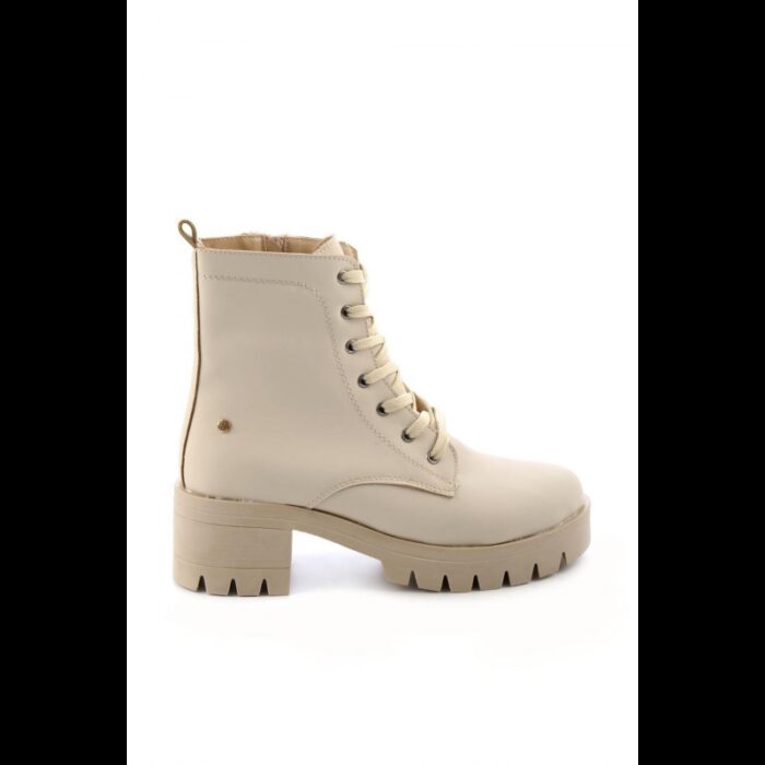 ⁦جزمة بتصميم رباط ساق متوسط الطول للنساء لون رمادي ونعل بيج⁩ - الصورة ⁦5⁩