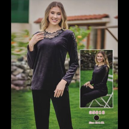 بجامة مخمل بأكمام طويلة للنساء لون أسود