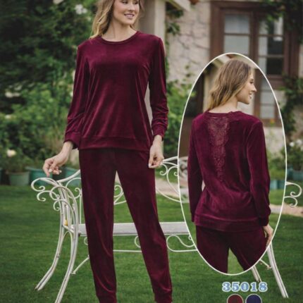 بجامة مخمل بأكمام طويلة للنساء لون خمري