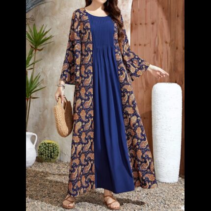 فستان سموك طباعة بيزلي اكمام على شكل بوق مقاس كبير