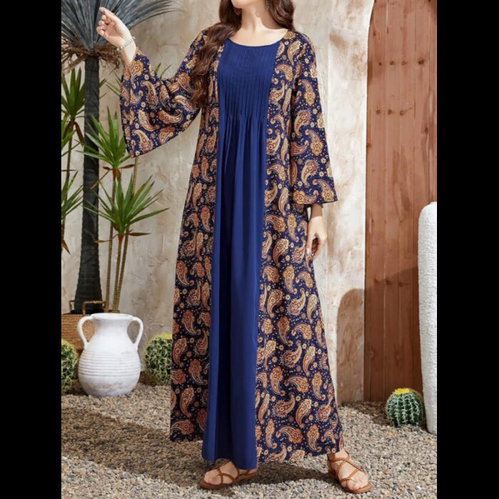 ⁦فستان سموك طباعة بيزلي اكمام على شكل بوق مقاس كبير⁩ - الصورة ⁦2⁩