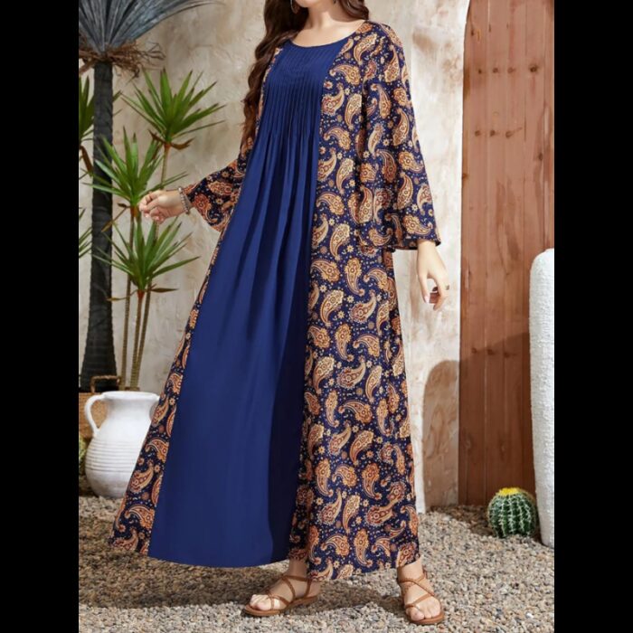 ⁦فستان سموك طباعة بيزلي اكمام على شكل بوق مقاس كبير⁩ - الصورة ⁦3⁩