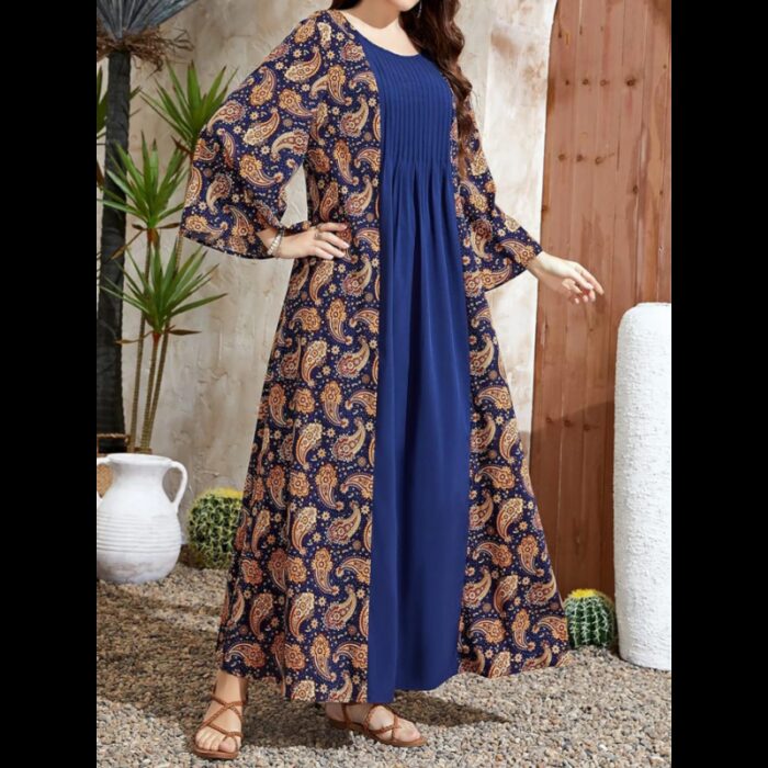 ⁦فستان سموك طباعة بيزلي اكمام على شكل بوق مقاس كبير⁩ - الصورة ⁦4⁩