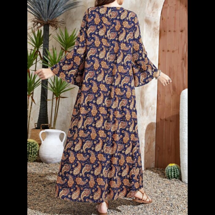 ⁦فستان سموك طباعة بيزلي اكمام على شكل بوق مقاس كبير⁩ - الصورة ⁦5⁩