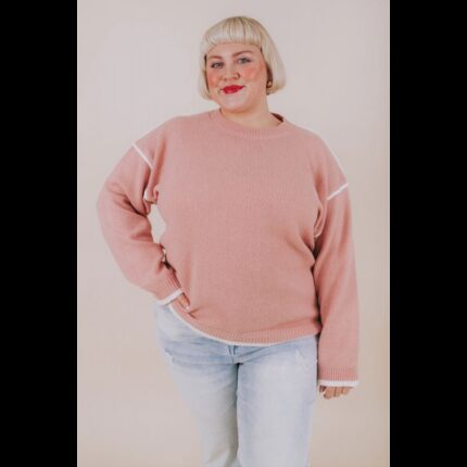 بلوزة صوف اوفر سايز بأكمام طويلة للنساء لون زهري