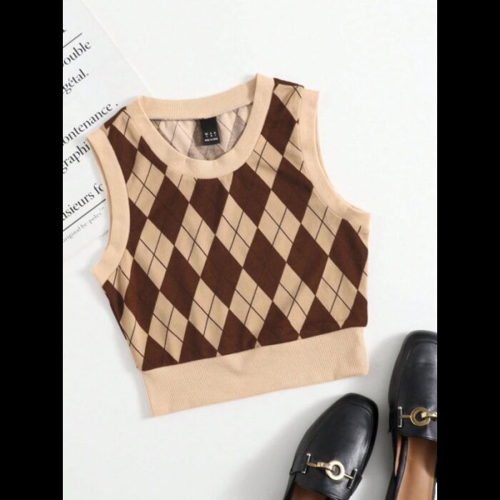 ⁦بلوزة كت نسائية لون بني وبيج⁩ - الصورة ⁦5⁩