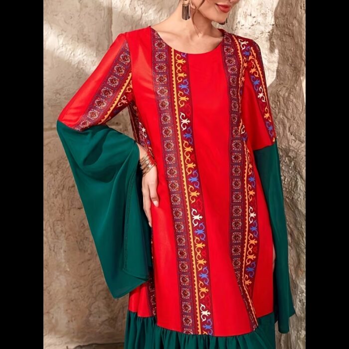 ⁦فستان بتصميم تراثي لون أحمر وأخضر⁩ - الصورة ⁦5⁩