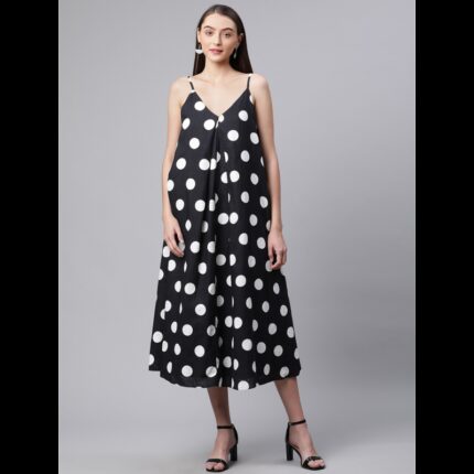 فستان بتصميم حفر للنساء لون اسود بدوائر بيضاء