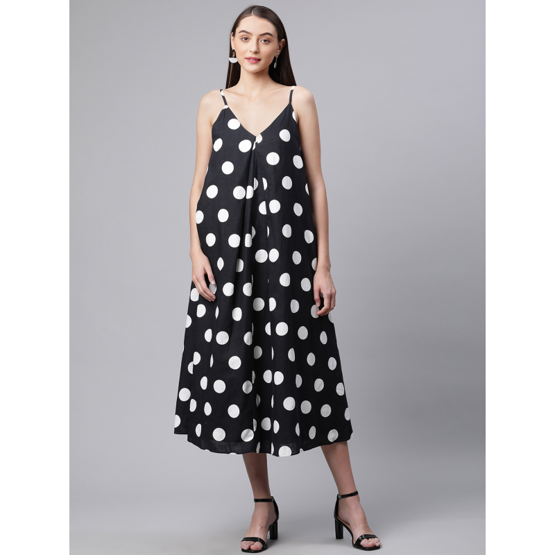 ⁦فستان بتصميم حفر للنساء لون اسود بدوائر بيضاء⁩ - الصورة ⁦1⁩