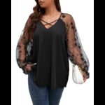 بلوزة ستاتي بأكمام شفافة لون اسود