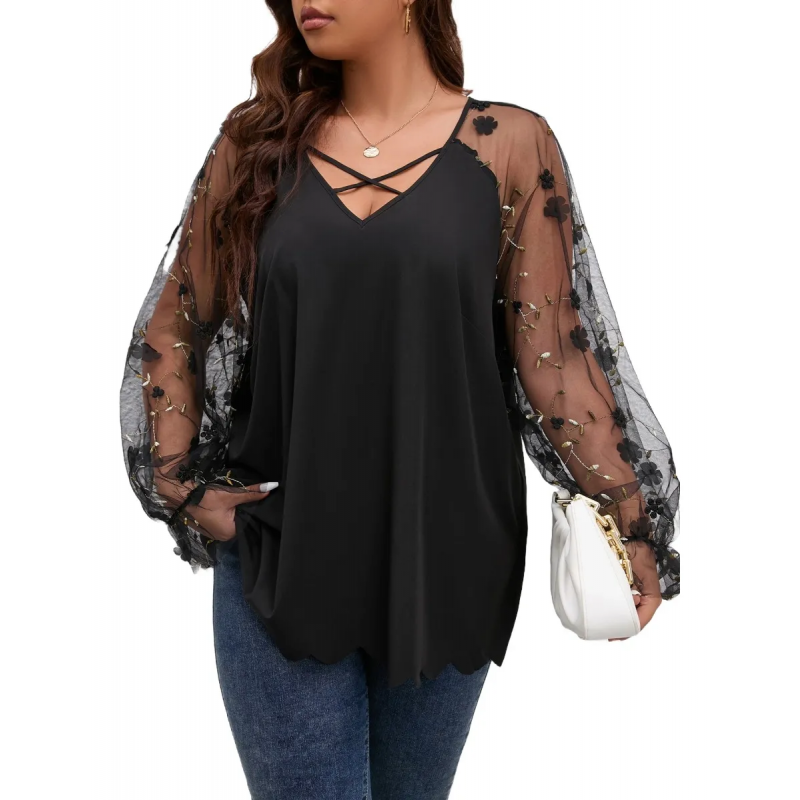 ⁦بلوزة ستاتي بأكمام شفافة لون اسود⁩ - الصورة ⁦1⁩