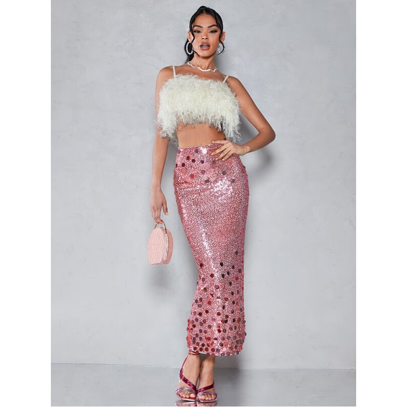 ⁦تنورة ستاتي طويلة لون زهري مع سترتس لامع⁩ - الصورة ⁦1⁩