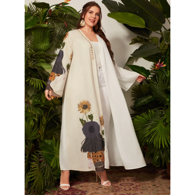 ⁦عباية مزخرفة دوار الشمس للنساء لون ابيض⁩ - الصورة ⁦1⁩