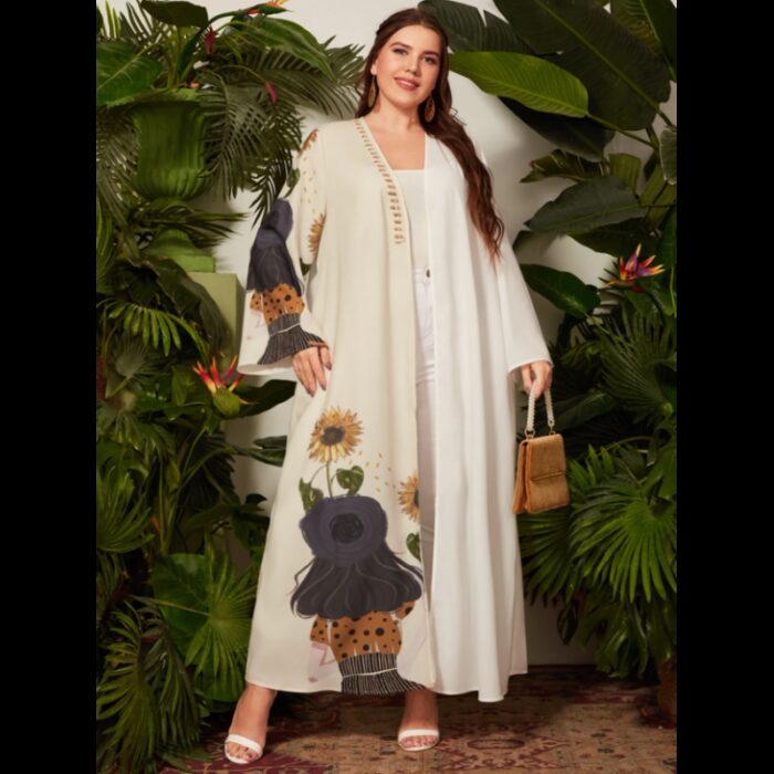 ⁦عباية مزخرفة دوار الشمس للنساء لون ابيض⁩ - الصورة ⁦2⁩