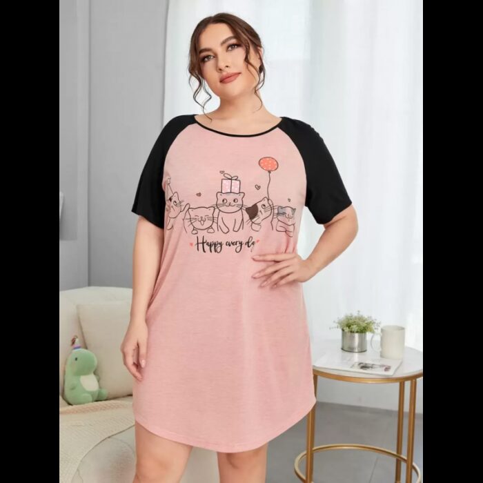 ⁦قميص نوم بيتي قصير للنساء لون زهري واسود⁩ - الصورة ⁦3⁩