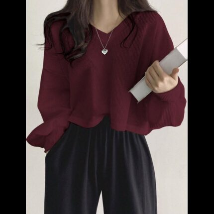 بلوزة قصيرة سادة بكتف منسدل للنساء لون خمري
