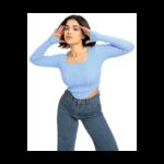 بلوزن قطنية بباقة رقبة مربعة للنساء لون ازرق فاتح