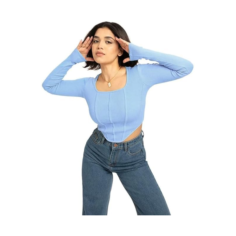 ⁦بلوزن قطنية بباقة رقبة مربعة للنساء لون ازرق فاتح⁩ - الصورة ⁦1⁩