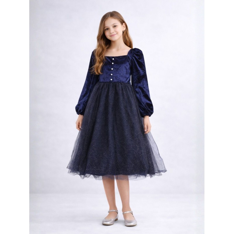 ⁦فستان بناتي مخمل للأطفال لون كحلي⁩ - الصورة ⁦1⁩