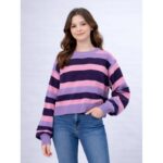 بلوزة صوف ستاتي لون بنفسجي وزهري مخطط