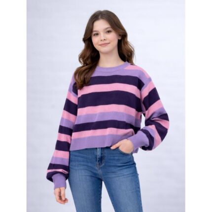 بلوزة صوف ستاتي لون بنفسجي وزهري مخطط