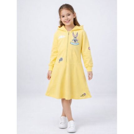 فستان برسمة ارنب مع طاقية بناتي لون اصفر