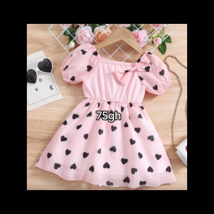 فستان بناتي بتصميم قلوب اسود لون زهري