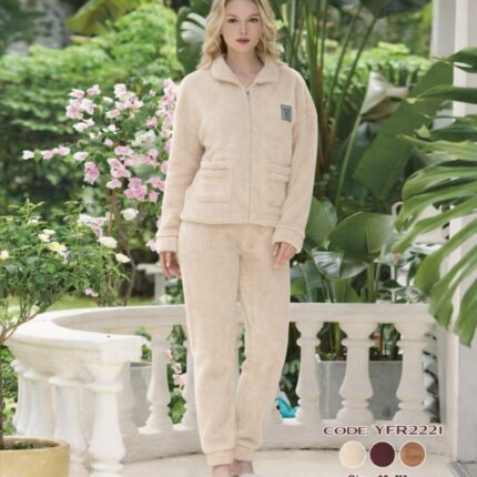 بجامة فرو نسائية بسحاب لون بيج