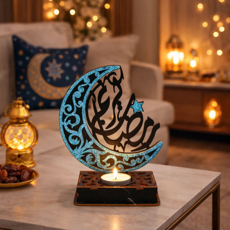 ⁦تحفة خشبية ازرق واسود رمضان كريم مع قاعدة للشمع طول 15 سم⁩ - الصورة ⁦1⁩
