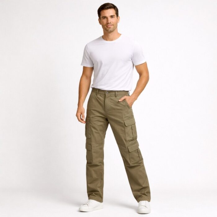 ⁦بنطلون رجالي بتصميم جيوب جانبية لون زيتي⁩ - الصورة ⁦2⁩