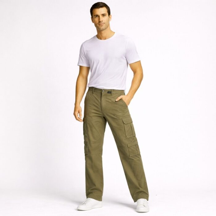 ⁦بنطلون رجالي بتصميم جيوب جانبية لون زيتي⁩ - الصورة ⁦2⁩