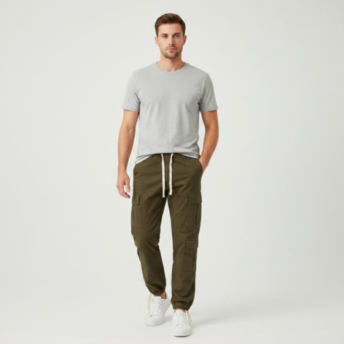 ⁦بنطلون رجالي بتصميم جيوب جانبية لون زيتي⁩ - الصورة ⁦2⁩