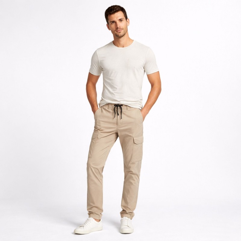 ⁦بنطلون رجالي قطن بتصميم جيوب جانبية لون بيج⁩ - الصورة ⁦1⁩