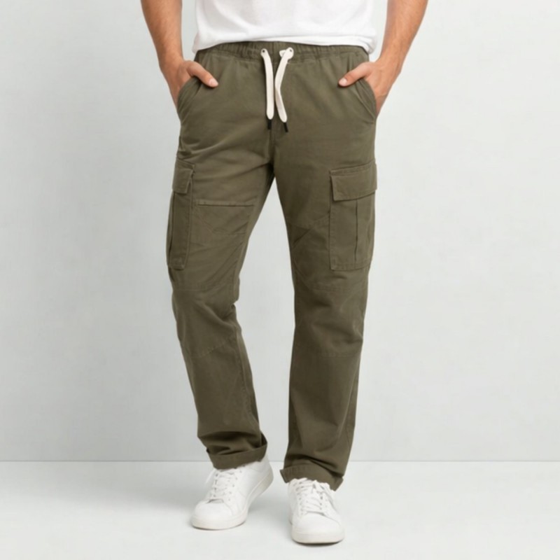 ⁦بنطلون رجالي قطن بتصميم جيوب جانبية لون زيتي⁩ - الصورة ⁦1⁩