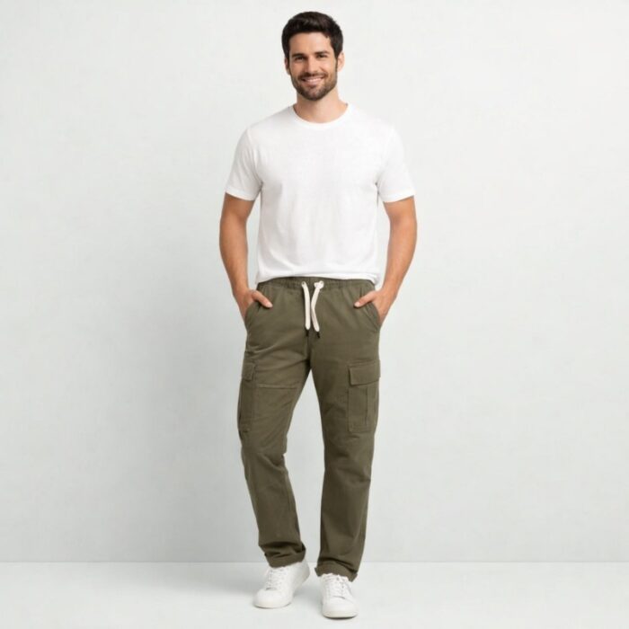 ⁦بنطلون رجالي قطن بتصميم جيوب جانبية لون زيتي⁩ - الصورة ⁦2⁩