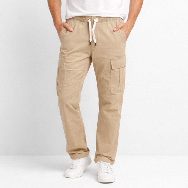 ⁦بنطلون رجالي قطن بتصميم جيوب جانبية لون بيج⁩ - الصورة ⁦1⁩