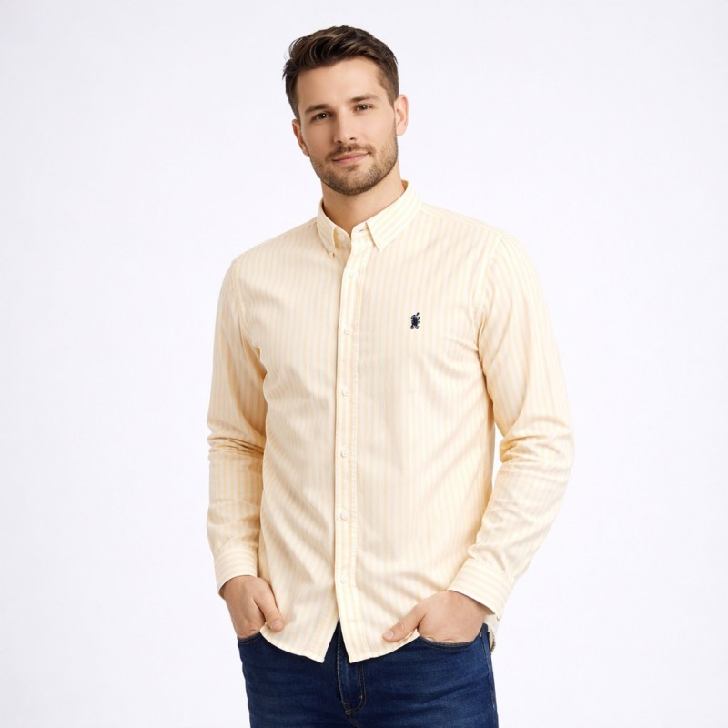 ⁦قميص رجالي قطني مخطط ابيض واصفر⁩ - الصورة ⁦1⁩