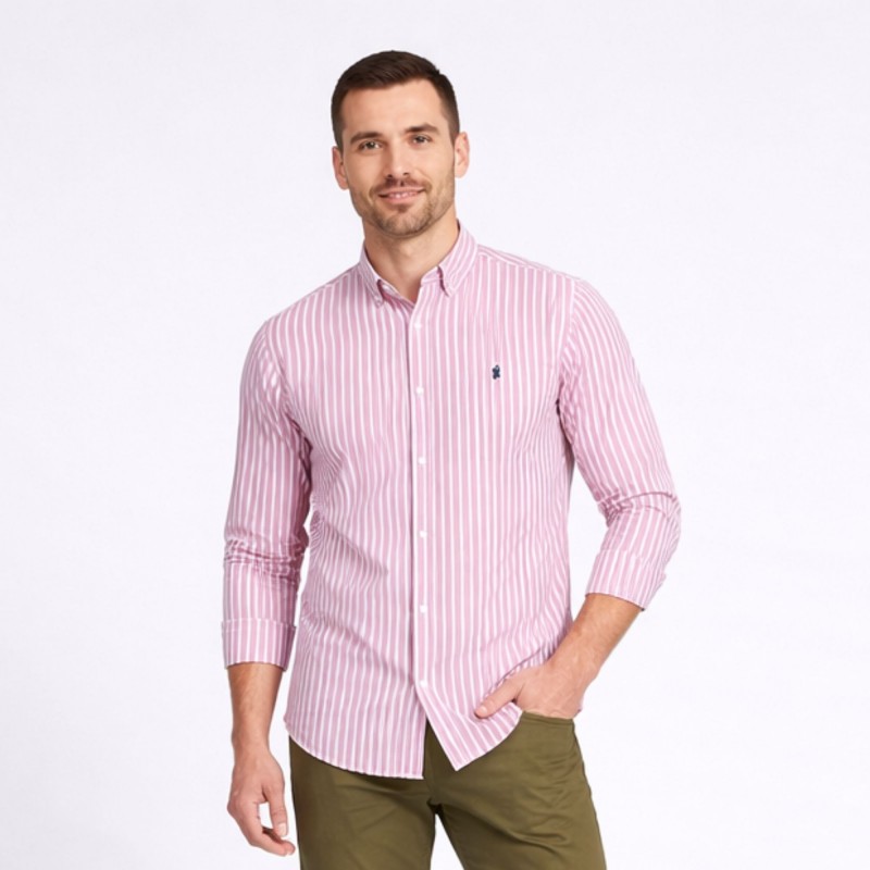 ⁦قميص رجالي قطني مخطط ابيض وزهري⁩ - الصورة ⁦1⁩