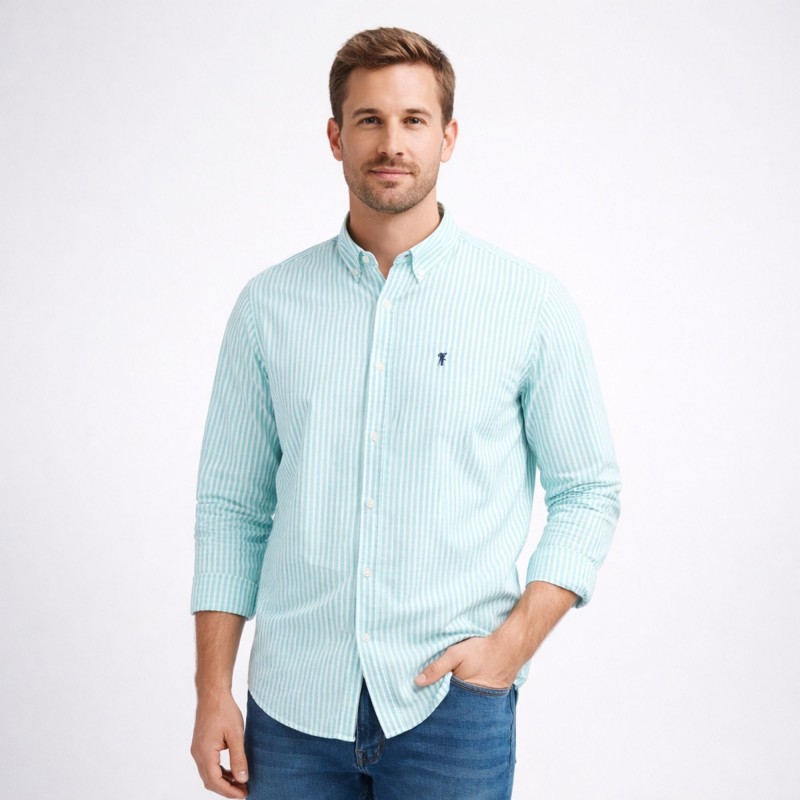 ⁦قميص رجالي قطني مخطط ابيض واخضر⁩ - الصورة ⁦1⁩