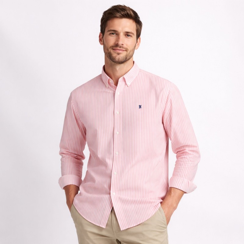 ⁦قميص رجالي قطني مخطط ابيض وبرتقالي⁩ - الصورة ⁦1⁩