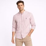 قميص رجالي قطني مخطط ابيض وخمري فاتح