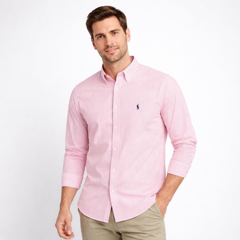 ⁦قميص رجالي قطني مخطط ابيض واحمر⁩ - الصورة ⁦1⁩