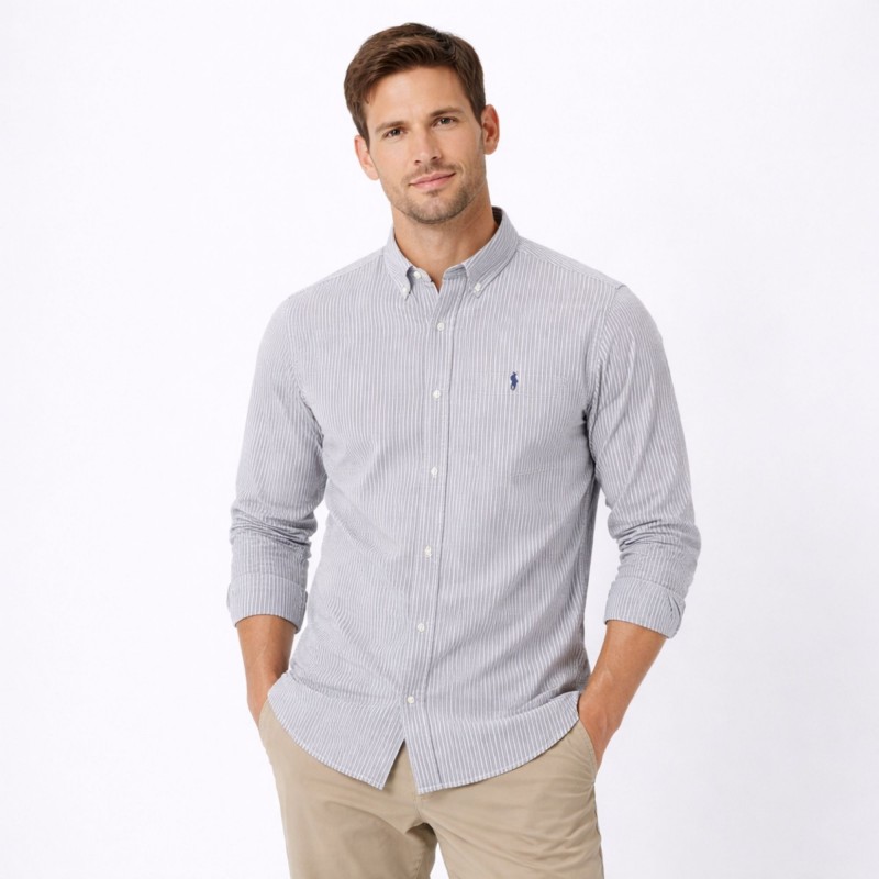 ⁦قميص رجالي قطني مخطط ابيض ورمادي⁩ - الصورة ⁦1⁩