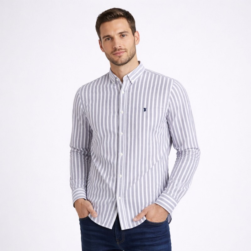 ⁦قميص رجالي قطني مخطط ابيض وسكني⁩ - الصورة ⁦1⁩